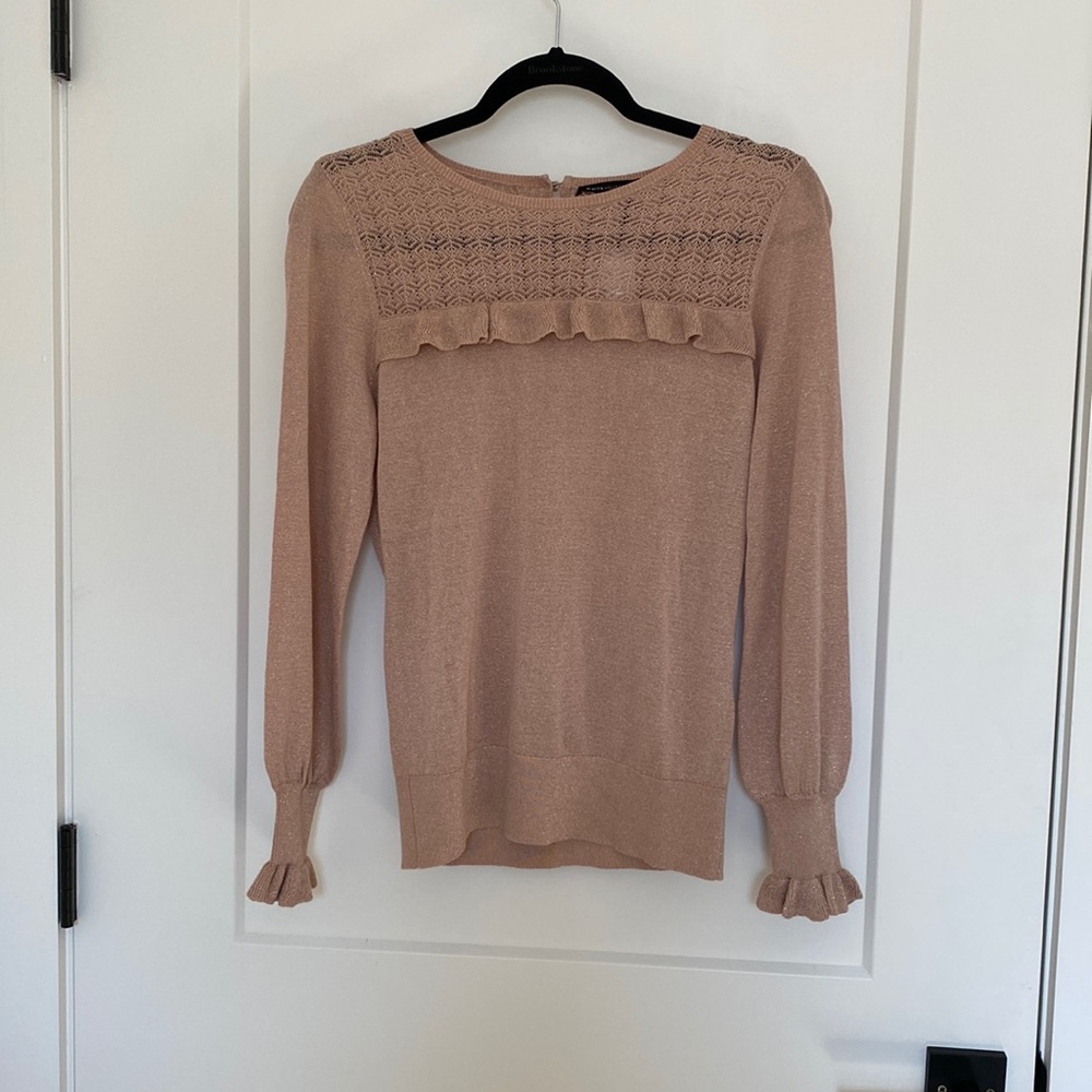White House Black Market Ruffle Antique Blush Long Sleeve Top
